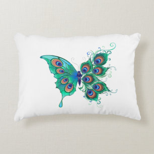 Cojín Decorativo Mariposa con plumas de pavo real verde