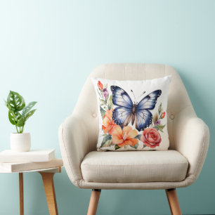 Cojín Decorativo Mariposa de Acuarela Azul Florales Brillantes Melo