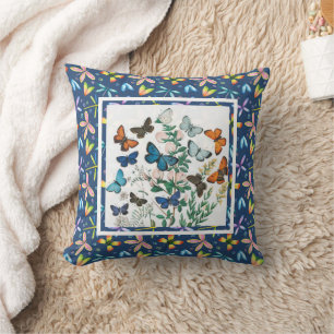 Cojín Decorativo Mariposa de arte popular azul floral colorido capr