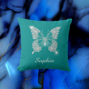 Cojín Decorativo Mariposa de Diamante Blanco, Nombre de Letra, Azul
