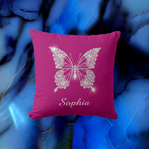 Cojín Decorativo Mariposa de Diamante Blanco, Nombre de Letra, Fuch