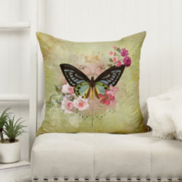Cojín Decorativo Mariposa de época con flores rosas