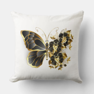 Cojín Decorativo Mariposa de flor de oro con orquídea negra