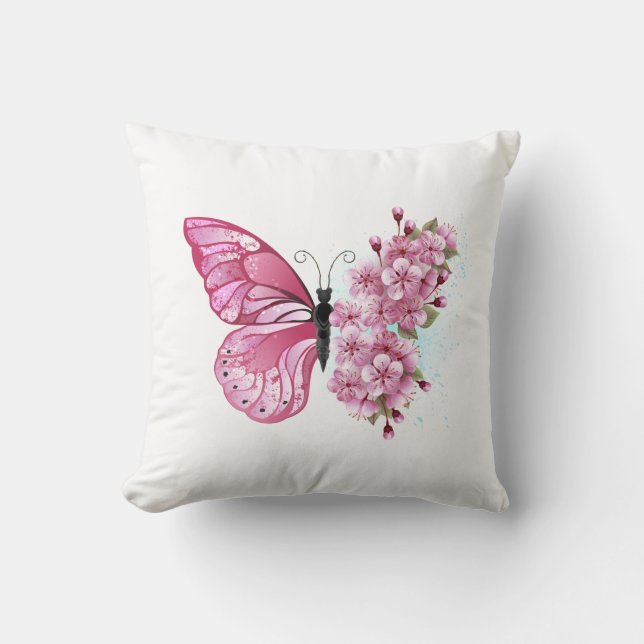 Cojín Decorativo Mariposa de flores con Sakura rosa (Anverso)