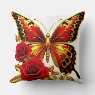 Cojín Decorativo Mariposa Dorada Con Rosas Rojas Y Hojas Doradas