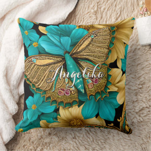 Cojín Decorativo Mariposa Dorada Flores Verde Azul Nombre Personali