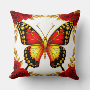 Cojín Decorativo Mariposa Dorada Rosas Rojas Estilo de Hogar de Luj