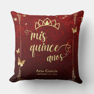 Cojín Decorativo Mariposa Dorada Rosas Rojas Floral Quinceañera
