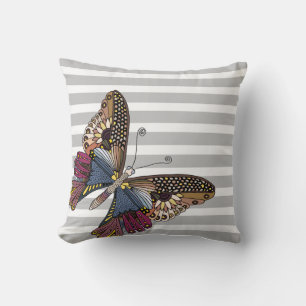 Cojín Decorativo Mariposa en franjas grises y blancas