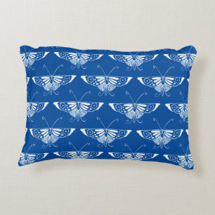 Cojín Decorativo Mariposa estilizada Art Deco, azul cobalto y blanc