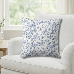 Cojín Decorativo Mariposa floral de toile francés azul acuarela
