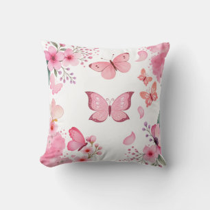 Cojín Decorativo Mariposa floral jardín acuarela rosa