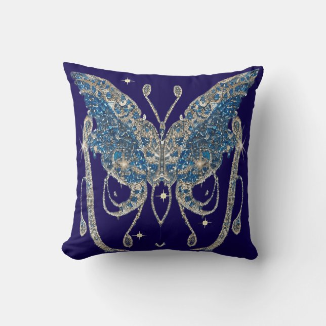 Cojín Decorativo Mariposa joyada, Azul profundo de medianoche, Plat (Anverso)