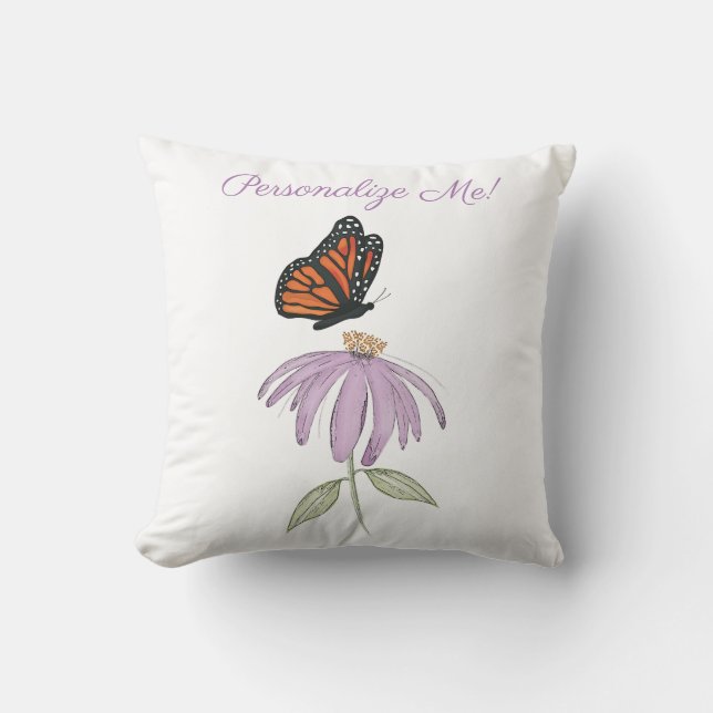 Cojín Decorativo Mariposa monarca con flor de cono morado (Anverso)
