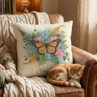 Cojín Decorativo Mariposa Monarca Floral Acuarela