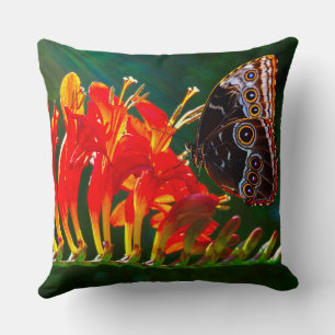 Cojín Decorativo Mariposa morpho azul en flores de Crocosmia Lucife