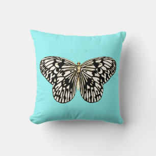 Cojín Decorativo Mariposa negra y blanca, fondo turquesa