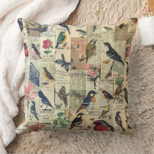 Cojín Decorativo Mariposa Pájaro Vintage Periódico Botánico