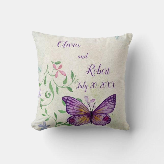 Cojín Decorativo Mariposa púrpura de acuarela personalizada (Anverso)