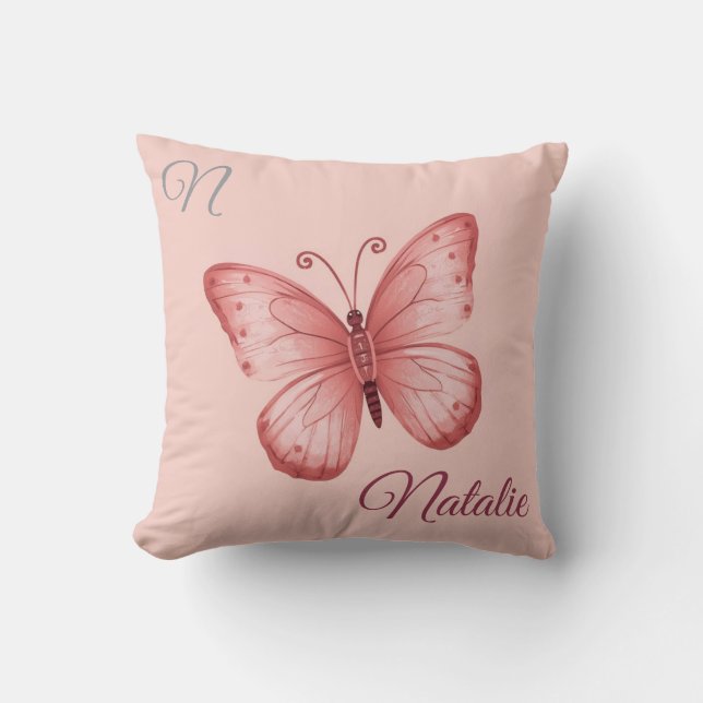 Cojín Decorativo Mariposa rosa suave monogramada (Anverso)
