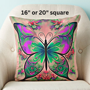 Cojín Decorativo Mariposa verde púrpura en rosa