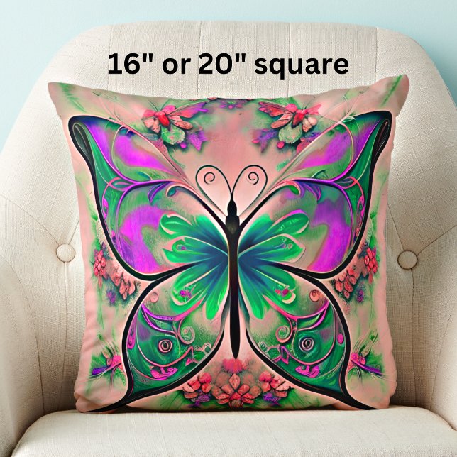 Cojín Decorativo Mariposa verde púrpura en rosa (Subido por el creador)