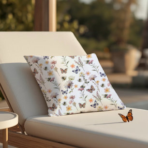 Cojín Decorativo Mariposa y abeja de flor silvestre de acuarela púr