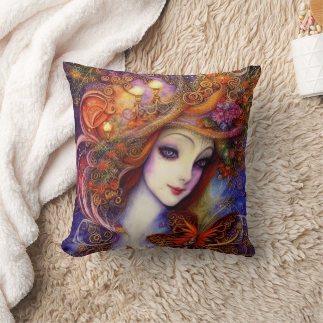 Cojín Decorativo Mariposa Y Diosa De Los Jardínes En Blues Acuático (Manta)