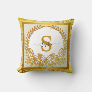 Cojín Decorativo Mariposa y Flor Elegante con Brillo Dorado