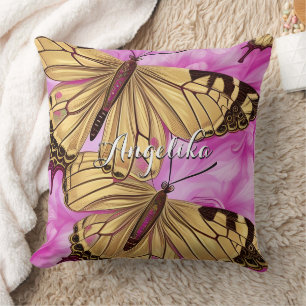 Cojín Decorativo Mariposas amarillas, flores rosadas nombre persona
