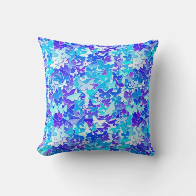 Cojín Decorativo Mariposas, azul, turquesa, lavanda (Anverso)