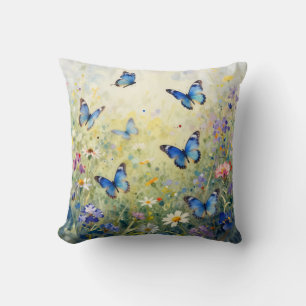 Cojín Decorativo Mariposas Azules Acuarela Prado de Flores Silvestr