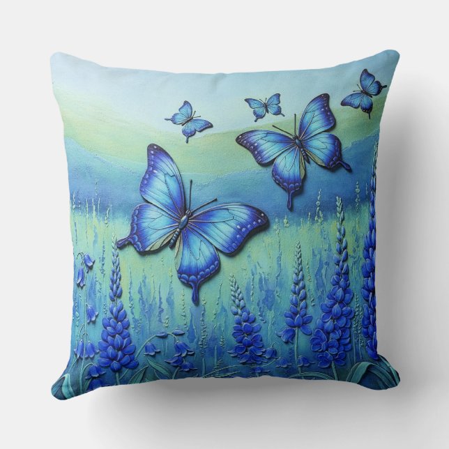 Cojín Decorativo Mariposas Azules con Flores Azules, (Reverso )