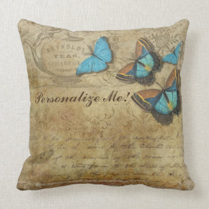 Cojín Decorativo Mariposas azules en el papel del té del vintage