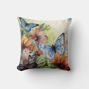 Cojín Decorativo Mariposas azules y flores silvestres