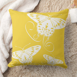 Cojín Decorativo Mariposas Blancas En Patrón Amarillo Brillante