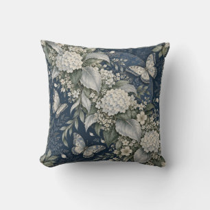 Cojín Decorativo Mariposas de Hortensia de Marfil Floral Navy