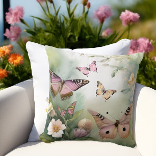Cojín Decorativo Mariposas de primavera y acuarela de flores
