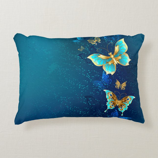 Cojín Decorativo Mariposas doradas sobre fondo azul (Anverso)