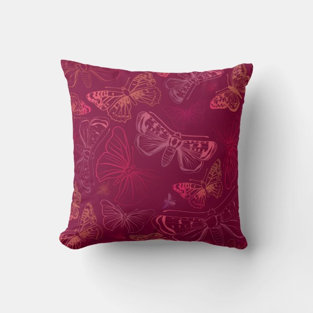 Cojín Decorativo Mariposas en tonos rojos rosados de Borgoña (Anverso)