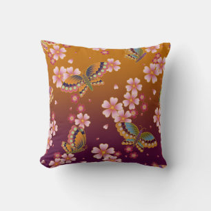 Cojín Decorativo Mariposas japonesas en medio del Sakura florecen c