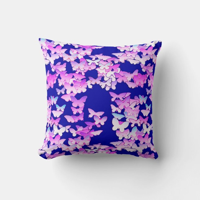 Cojín Decorativo Mariposas, lavanda y azul oscuro (Anverso)