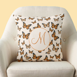 Cojín Decorativo Mariposas Monarca Naranja Letra Personalizada