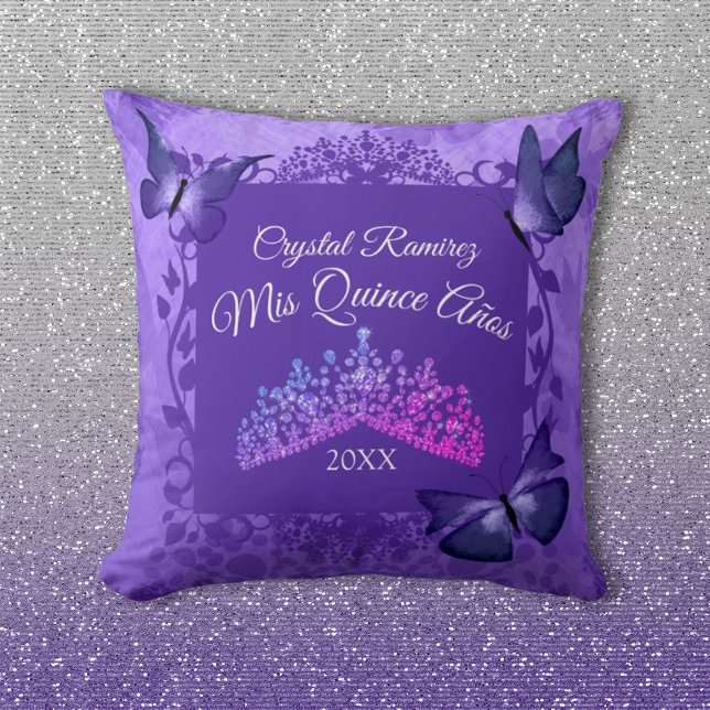 Cojín Decorativo Mariposas Púrpura y Pillow de Tiara Quinceanera (purple quinceanera keepsake pillow purple butterflies purple decorative frame border pink tiara)