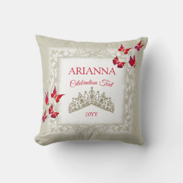Cojín Decorativo Mariposas Rojas Rubí, Tiara de Champán Dorado