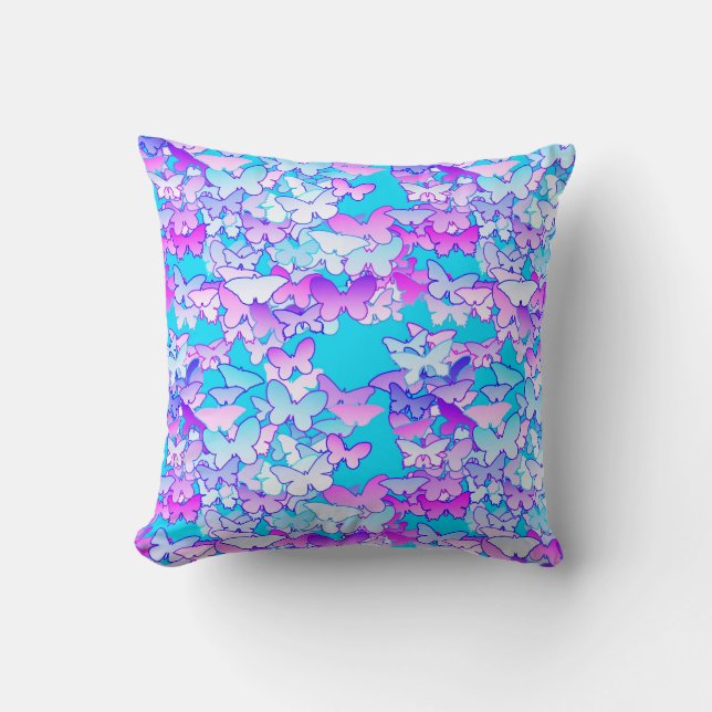 Cojín Decorativo Mariposas, violeta y turquesa (Anverso)