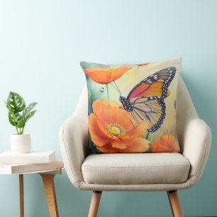 Cojín Decorativo Mariposas y Amapolas Naranjas Botánico