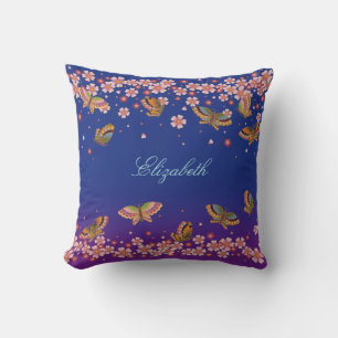 Cojín Decorativo Mariposas y flores de sakura azul personalizadas