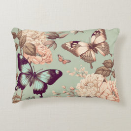 Cojín Decorativo Mariposas y flores verde claro pastel