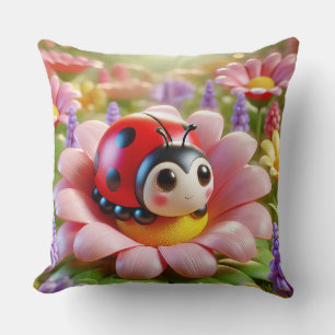 Cojín Decorativo Mariquita Adorable Sentada en Flor Rosa